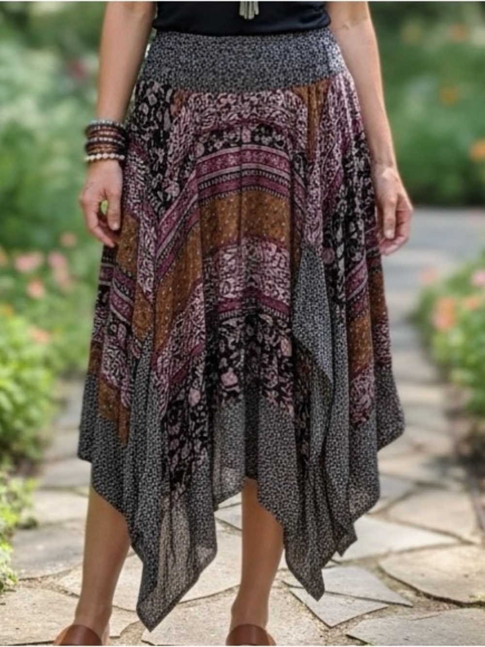 Cameo & Myth L Boho Patchwork Handkerchief Hem Midi Skirt Smocked Rayon